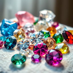 A vibrant and detailed assortment of high-quality precious minerals, featuring shimmering gemstones like diamonds, sapphires, emeralds, and rubies, all displayed on a soft velvet surface