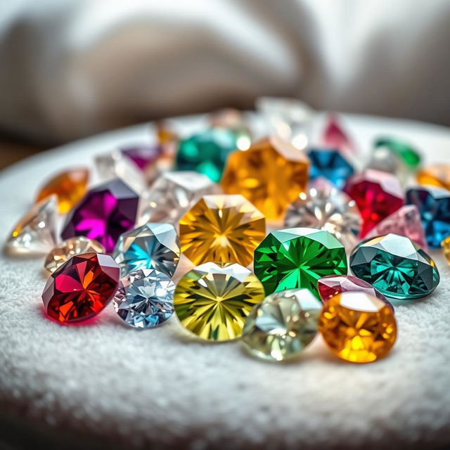 A vibrant and detailed assortment of high-quality precious minerals, featuring shimmering gemstones like diamonds, sapphires, emeralds, and rubies, all displayed on a soft velvet surface