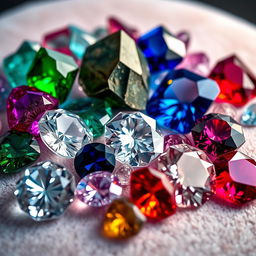 A vibrant and detailed assortment of high-quality precious minerals, featuring shimmering gemstones like diamonds, sapphires, emeralds, and rubies, all displayed on a soft velvet surface