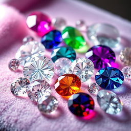 A vibrant and detailed assortment of high-quality precious minerals, featuring shimmering gemstones like diamonds, sapphires, emeralds, and rubies, all displayed on a soft velvet surface