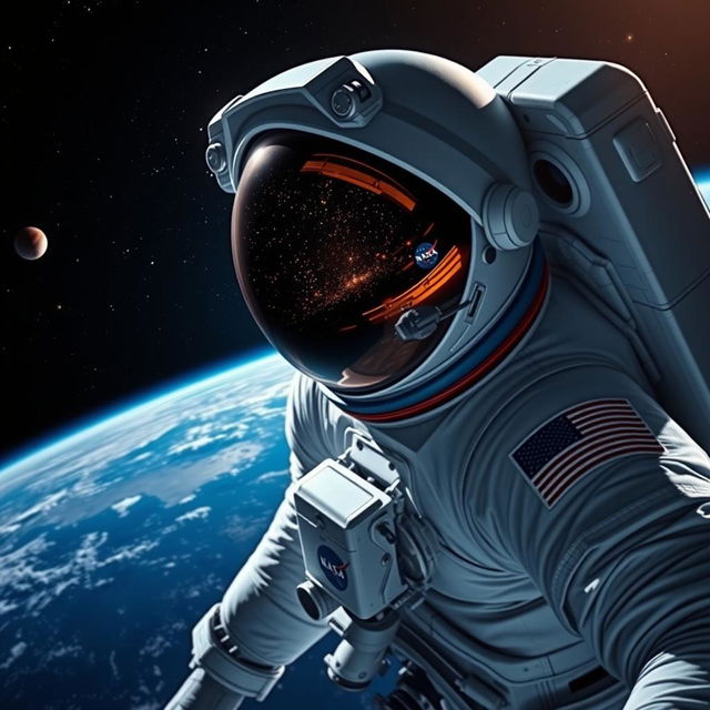 Realistic photo of a NASA astronaut in a space suit, floating in space, with the Earth visible in the background