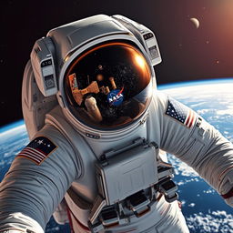 Realistic photo of a NASA astronaut in a space suit, floating in space, with the Earth visible in the background