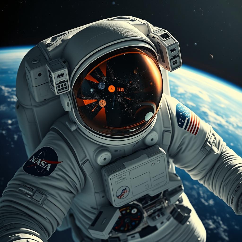 Realistic photo of a NASA astronaut in a space suit, floating in space, with the Earth visible in the background