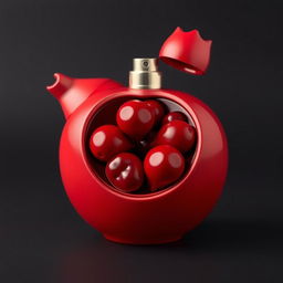 A creatively designed perfume bottle shaped like a pomegranate, elegantly split into two halves