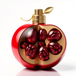 A creatively designed perfume bottle shaped like a pomegranate, elegantly split into two halves