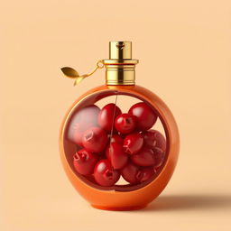 A creatively designed perfume bottle shaped like a pomegranate, elegantly split into two halves