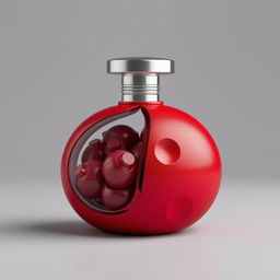 A creatively designed perfume bottle shaped like a pomegranate, elegantly split into two halves