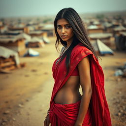 An Indian woman dressed in a traditional red saree, with long hair cascading down her shoulders