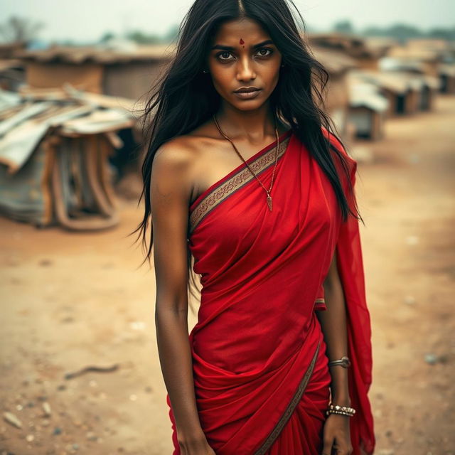 An Indian woman dressed in a traditional red saree, with long hair cascading down her shoulders