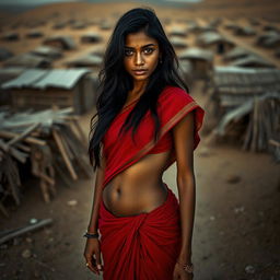 An Indian woman dressed in a traditional red saree, with long hair cascading down her shoulders