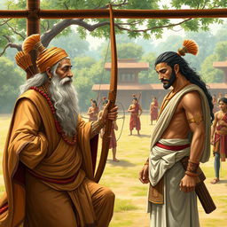 A depiction of Guru Dronacharya, the great warrior teacher from the Mahabharata, imparting wisdom to his devoted student Arjuna