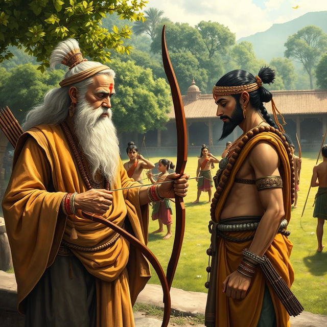 A depiction of Guru Dronacharya, the great warrior teacher from the Mahabharata, imparting wisdom to his devoted student Arjuna