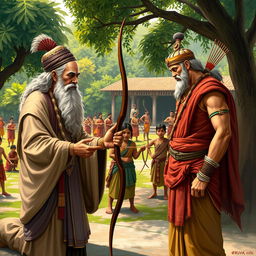 A depiction of Guru Dronacharya, the great warrior teacher from the Mahabharata, imparting wisdom to his devoted student Arjuna