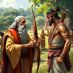 A depiction of Guru Dronacharya, the great warrior teacher from the Mahabharata, imparting wisdom to his devoted student Arjuna