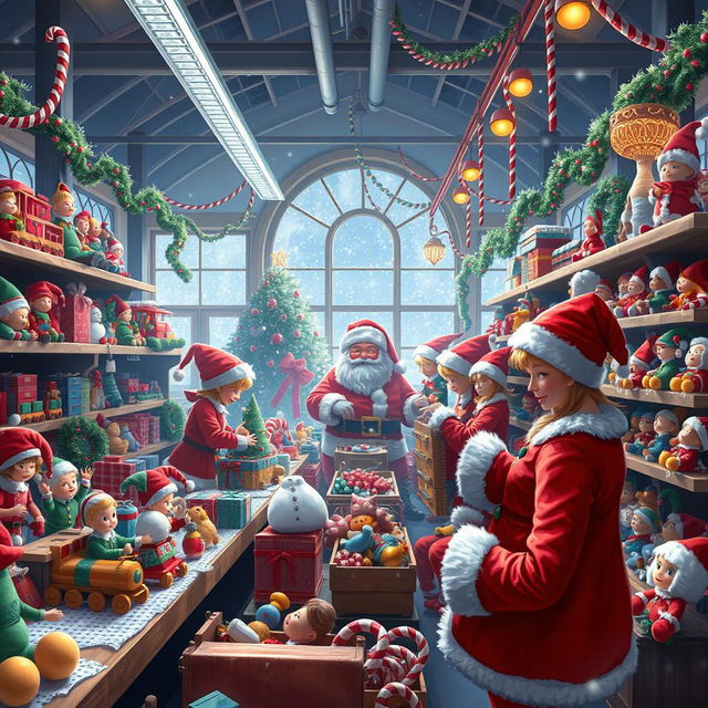 A magical scene inside Santa's toy factory during Christmas, filled with bustling elves joyfully assembling toys