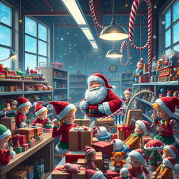 A magical scene inside Santa's toy factory during Christmas, filled with bustling elves joyfully assembling toys