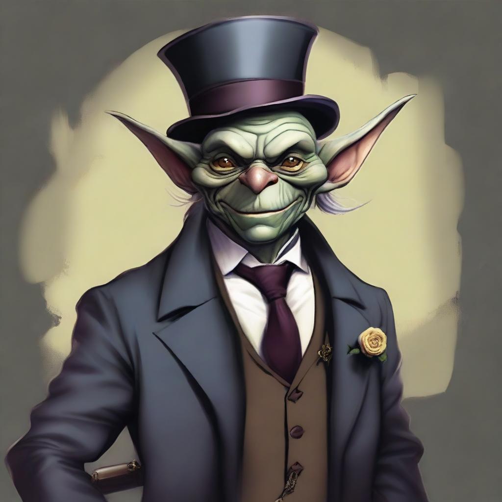 A digital art image, highest quality, showcasing an old, grey goblin, dressed as a butler with rogue-like characteristics