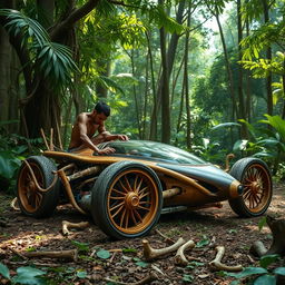 In a dense jungle filled with towering trees and vibrant greenery, a person is constructing a stunning supercar crafted entirely from natural materials found in the wild