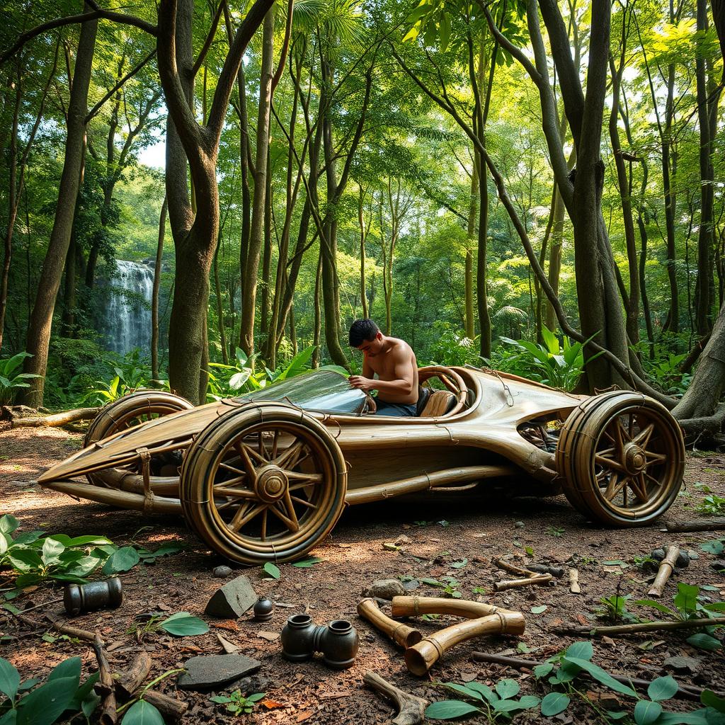 In a dense jungle filled with towering trees and vibrant greenery, a person is constructing a stunning supercar crafted entirely from natural materials found in the wild
