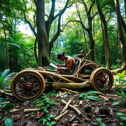 In a dense jungle filled with towering trees and vibrant greenery, a person is constructing a stunning supercar crafted entirely from natural materials found in the wild