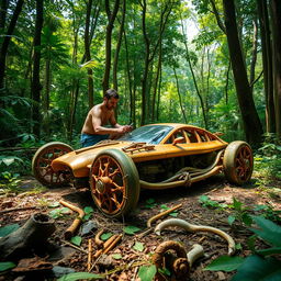 In a dense jungle filled with towering trees and vibrant greenery, a person is constructing a stunning supercar crafted entirely from natural materials found in the wild