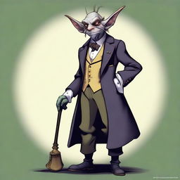 A digital art image, highest quality, showcasing an old, grey goblin, dressed as a butler with rogue-like characteristics