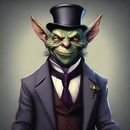 A digital art image, highest quality, showcasing an old, grey goblin, dressed as a butler with rogue-like characteristics