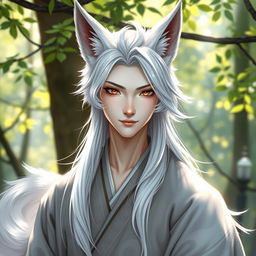 A semi-realistic portrayal of a white kitsune in male human form, showcasing exquisite facial features with fox-like characteristics