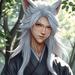 A semi-realistic portrayal of a white kitsune in male human form, showcasing exquisite facial features with fox-like characteristics
