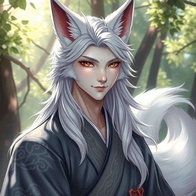 A semi-realistic portrayal of a white kitsune in male human form, showcasing exquisite facial features with fox-like characteristics