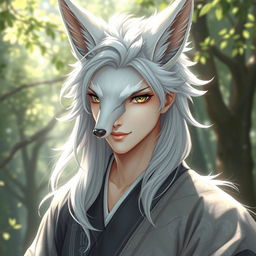 A semi-realistic portrayal of a white kitsune in male human form, showcasing exquisite facial features with fox-like characteristics