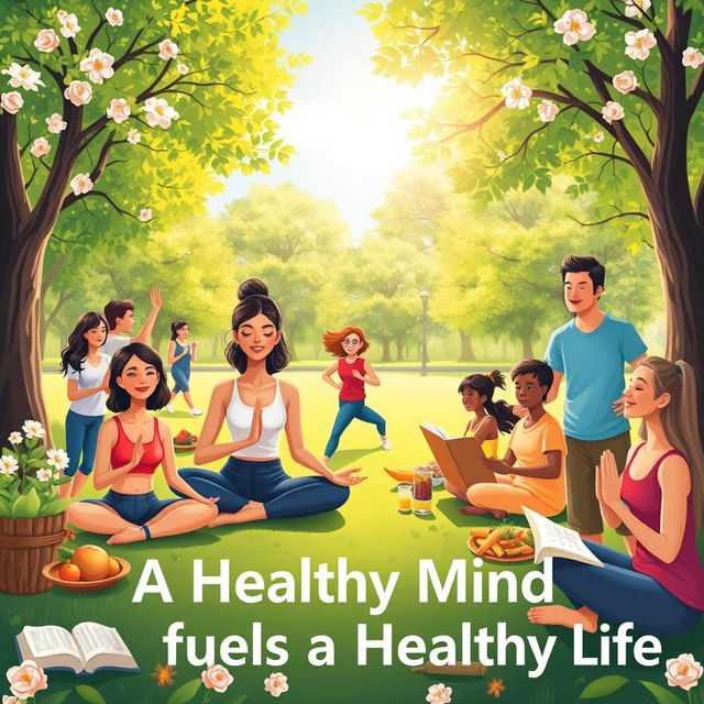 An inspiring and vibrant scene depicting the concept 'A Healthy Mind Fuels a Healthy Life'