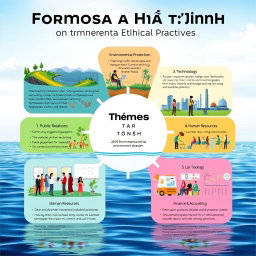 A vibrant and informative poster illustrating the key themes surrounding the Ethics of Formosa Hà Tĩnh, specifically the 2016 Environmental Disaster case