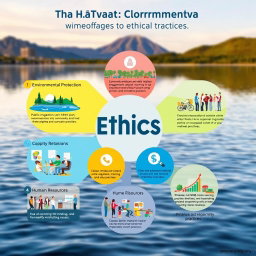 A vibrant and informative poster illustrating the key themes surrounding the Ethics of Formosa Hà Tĩnh, specifically the 2016 Environmental Disaster case
