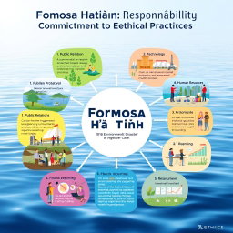 A vibrant and informative poster illustrating the key themes surrounding the Ethics of Formosa Hà Tĩnh, specifically the 2016 Environmental Disaster case