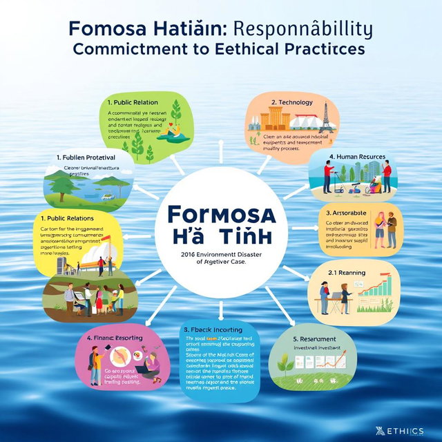 A vibrant and informative poster illustrating the key themes surrounding the Ethics of Formosa Hà Tĩnh, specifically the 2016 Environmental Disaster case