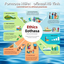 A vibrant and informative poster illustrating the key themes surrounding the Ethics of Formosa Hà Tĩnh, specifically the 2016 Environmental Disaster case