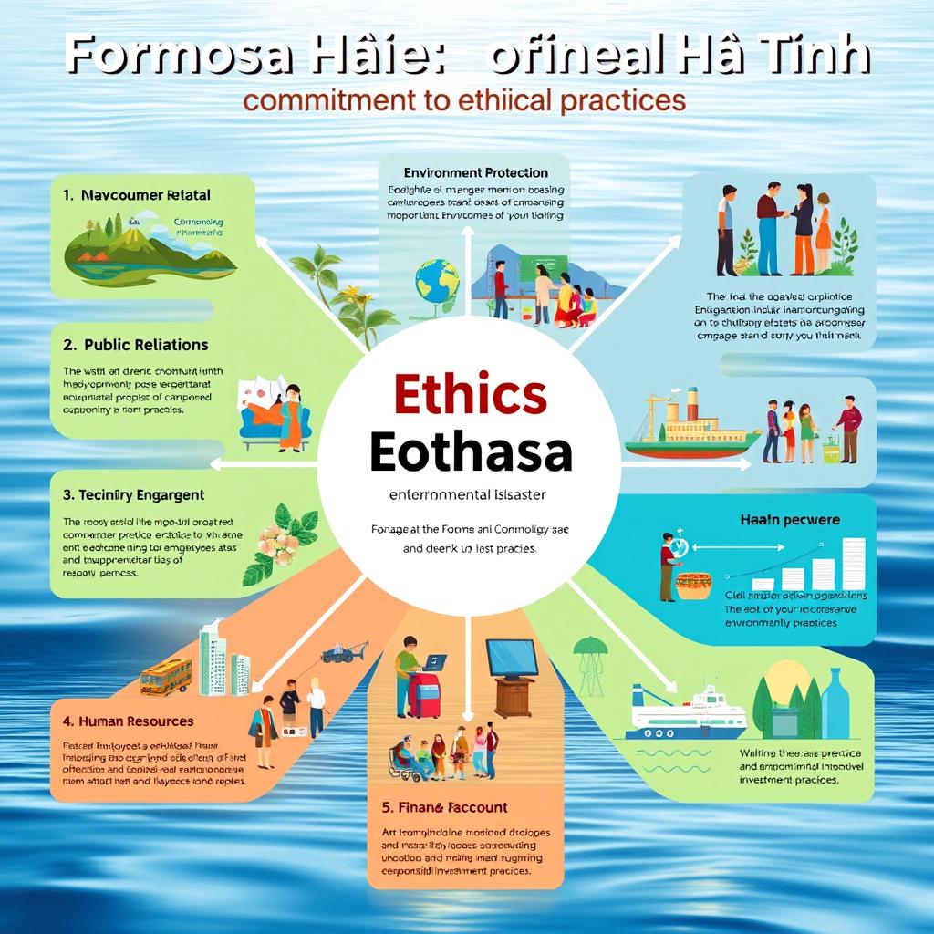 A vibrant and informative poster illustrating the key themes surrounding the Ethics of Formosa Hà Tĩnh, specifically the 2016 Environmental Disaster case