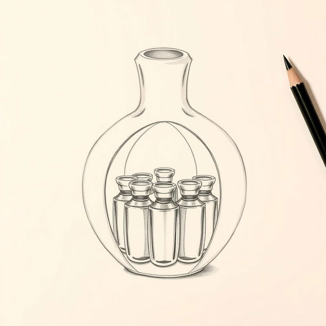 A detailed pencil sketch illustrating a unique perfume bottle design in the shape of a pomegranate, split into two halves