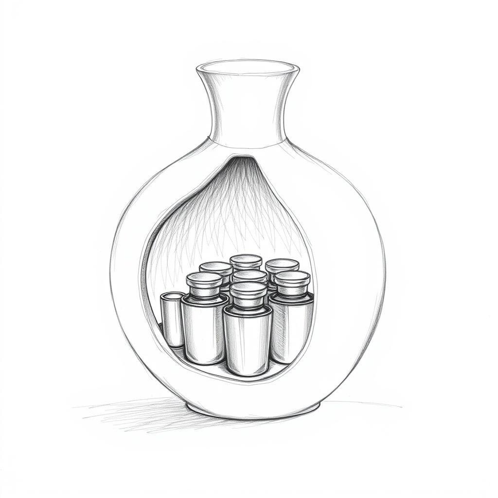 A detailed pencil sketch illustrating a unique perfume bottle design in the shape of a pomegranate, split into two halves