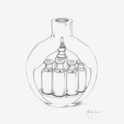 A detailed pencil sketch illustrating a unique perfume bottle design in the shape of a pomegranate, split into two halves