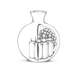 A detailed pencil sketch illustrating a unique perfume bottle design in the shape of a pomegranate, split into two halves