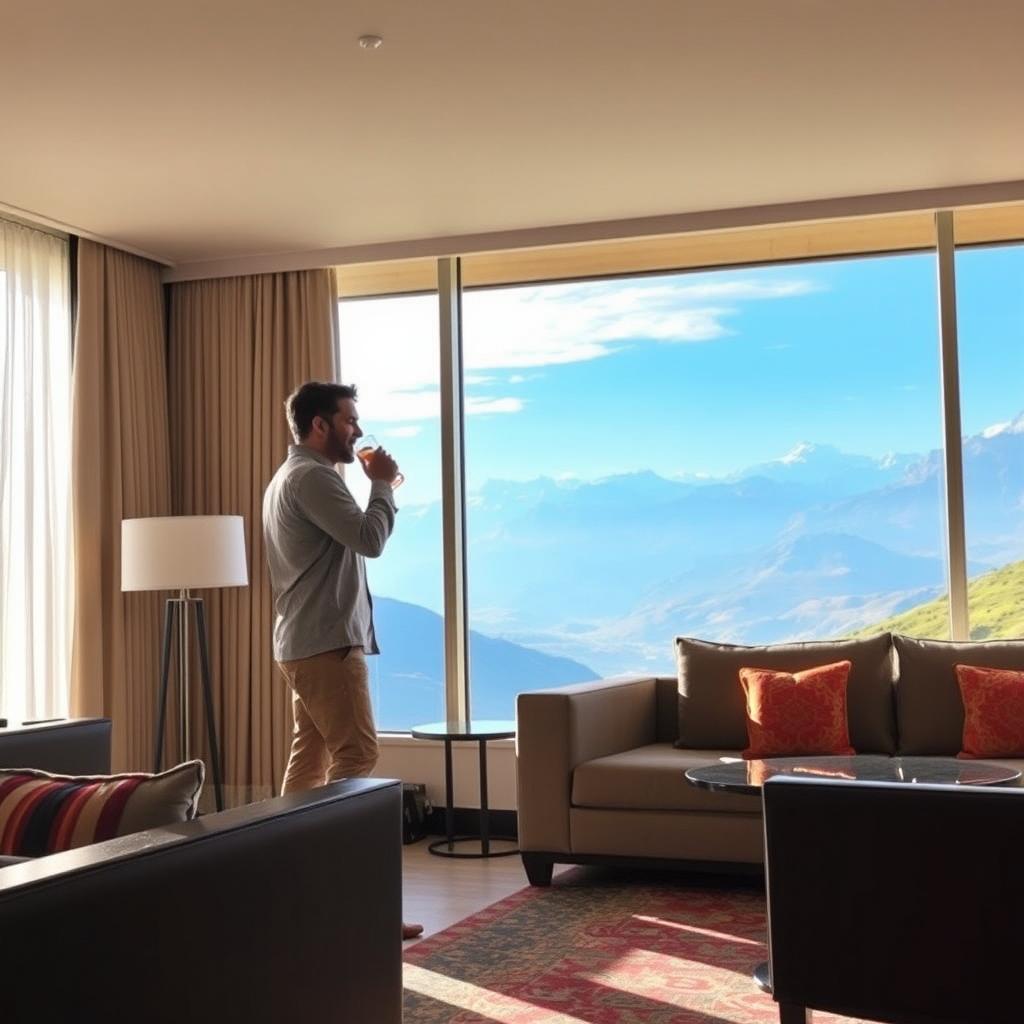 A person, either a man or a woman, enjoying the breathtaking views from a modern presidential suite in an Andean hostel