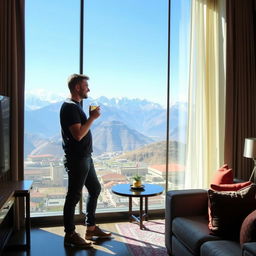 A person, either a man or a woman, enjoying the breathtaking views from a modern presidential suite in an Andean hostel