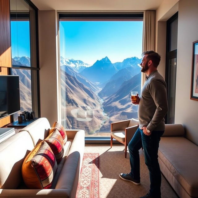 A person, either a man or a woman, enjoying the breathtaking views from a modern presidential suite in an Andean hostel