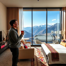 A person, either a man or a woman, enjoying the breathtaking views from a modern presidential suite in an Andean hostel