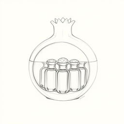 A detailed pencil sketch illustrating a unique perfume bottle design in the shape of a pomegranate, split into two halves