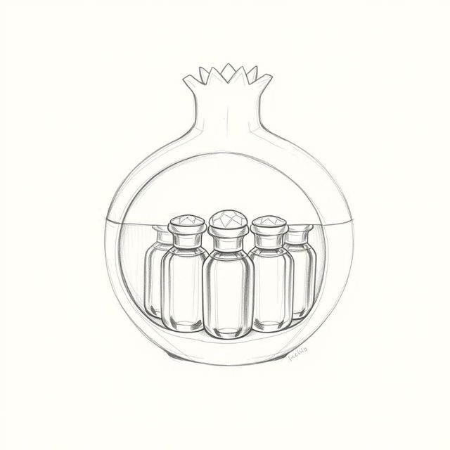 A detailed pencil sketch illustrating a unique perfume bottle design in the shape of a pomegranate, split into two halves