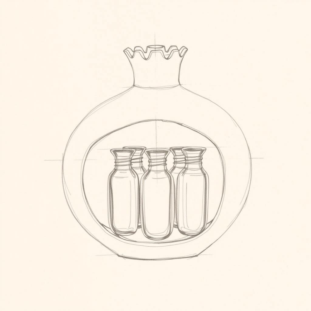 A detailed pencil sketch illustrating a unique perfume bottle design in the shape of a pomegranate, split into two halves