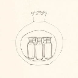 A detailed pencil sketch illustrating a unique perfume bottle design in the shape of a pomegranate, split into two halves